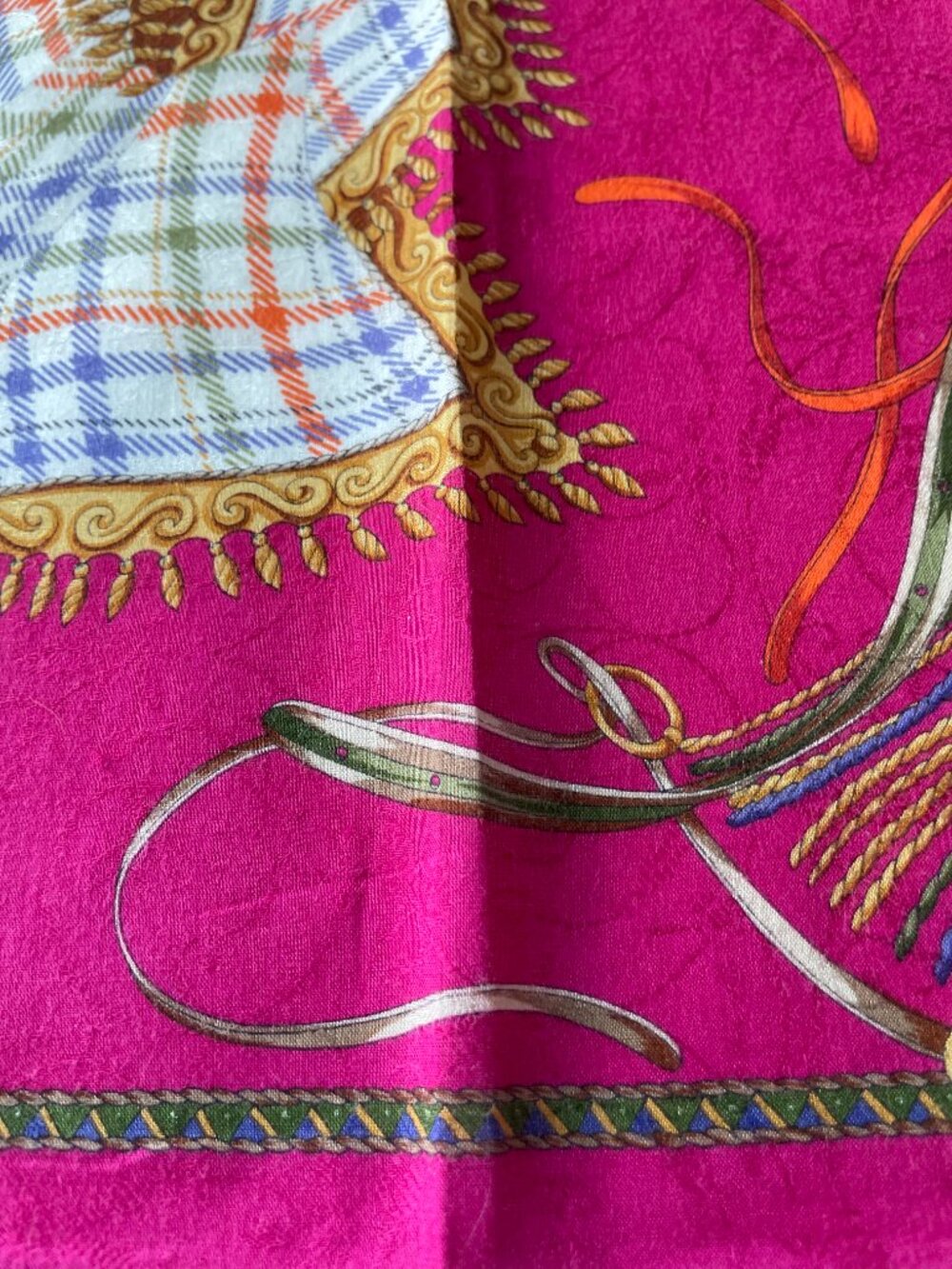 Vintage Celine Equestrian Tartan Cotton Scarf Pink Rolled Hem - Picture 10 of 13